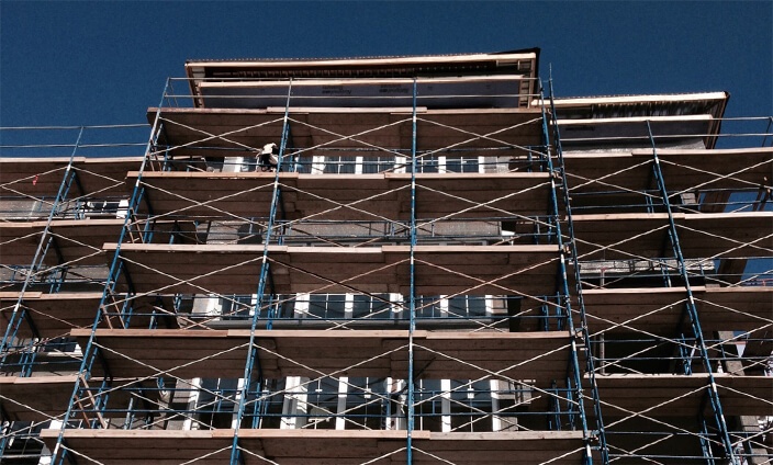 Commercial building and scaffolding 